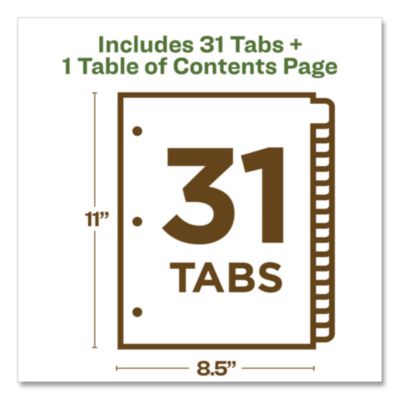 Avery Customizable Table Of Contents Ready Index Dividers With Multicolor Tabs, 31-Tab, 1 To 31, 11 X 8.5, White, 1 Set (AVE11084) AVE11084
