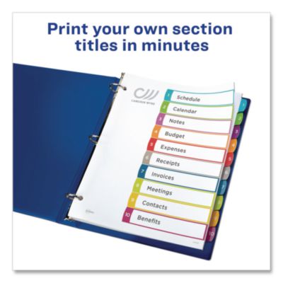 Avery Customizable TOC Ready Index Multicolor Tab Dividers, 10-Tab, 1 to 10, 11 x 8.5, White, Contemporary Color Tabs, 1 Set (AVE11842) AVE11842