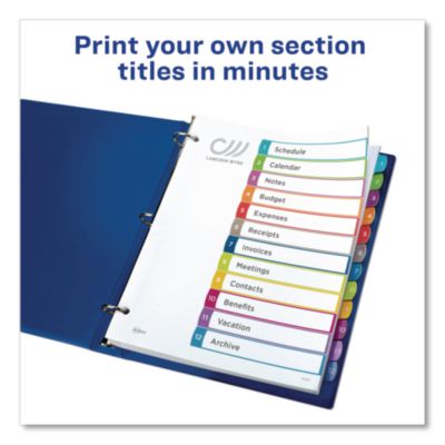 Avery Customizable TOC Ready Index Multicolor Tab Dividers, 12-Tab, 1 to 12, 11 x 8.5, White, Contemporary Color Tabs, 1 Set (AVE11843) AVE11843