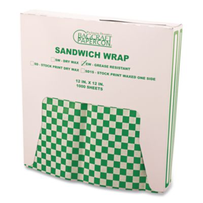 Bagcraft Grease-Resistant Paper Wraps And Liners, 12 X 12, Green Check, 1,000/box, 5 Boxes/carton (BGC057950) BGC057950