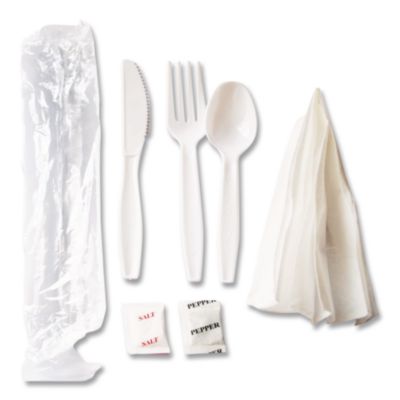 Berkley Square Medium Heavyweight Cutlery Kit, Fork/Knife/Napkin/Pepper/Salt/Spoon, Plastic, White, 250/Carton (BSQ1181239) BSQ1181239