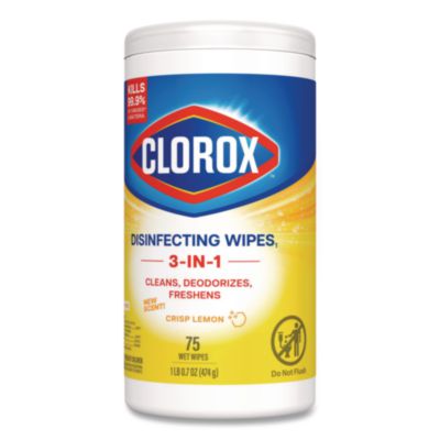 Clorox Disinfecting Wipes, 1-Ply, 7 x 7.75, Crisp Lemon, White, 75/Canister, 6 Canisters/Carton (CLO01628) CLO01628
