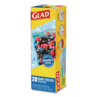Glad Zipper Food Storage Bags, Quart, 7.75" x 8.44", Clear, 20 Bags/Box, 12 Boxes/Carton (CLO57035) CLO57035