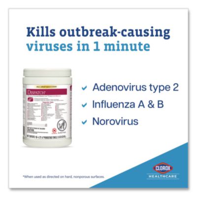 Clorox Healthcare Dispatch Hospital Cleaner Disinfectant Towels w/Bleach, 1-Ply, 6.75 x 8, Unscented, White, 150/Canister, 8 Canisters/Carton (CLO69150) CLO69150