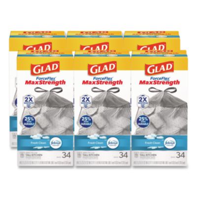 Glad ForceFlex MaxStrength Tall Kitchen Drawstring Trash Bags, 13 gal, Fresh Clean Scent, 24 x 28, White, 34/Box, 6 Boxes/Carton (CLO70320) CLO70320