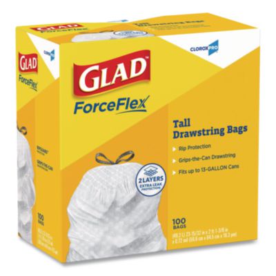 Glad CloroxPro ForceFlex Tall Kitchen Drawstring Trash Bags, 13 gal, 24 x 27.38, Gray, 100/Box (CLO78526) CLO78526