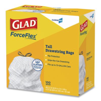 Glad CloroxPro ForceFlex Tall Kitchen Drawstring Trash Bags, 13 gal, 24 x 27.38, Gray, 100/Box (CLO78526) CLO78526