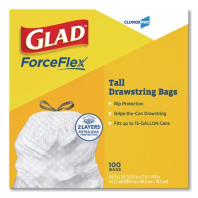 Glad CloroxPro ForceFlex Tall Kitchen Drawstring Trash Bags, 13 gal, 24 x 27.38, Gray, 100 Bags/Box, 4 Boxes/Carton (CLO78526CT) CLO78526CT