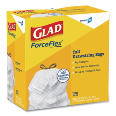 Glad CloroxPro ForceFlex Tall Kitchen Drawstring Trash Bags, 13 gal, 24 x 27.38, Gray, 100 Bags/Box, 4 Boxes/Carton (CLO78526CT) CLO78526CT
