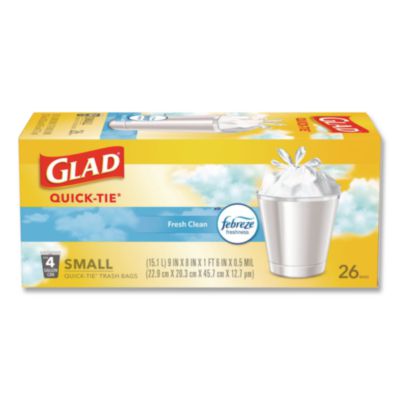 Glad OdorShield Quick-Tie Small Trash Bags, Tie-Flap, 4 gal, Febreze Fresh Clean Scent, 8 x 18, White, 26 Bags/Box, 6 Boxes/Carton (CLO78812) CLO78812