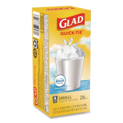Glad OdorShield Quick-Tie Small Trash Bags, Tie-Flap, 4 gal, Febreze Fresh Clean Scent, 8 x 18, White, 26 Bags/Box, 6 Boxes/Carton (CLO78812) CLO78812