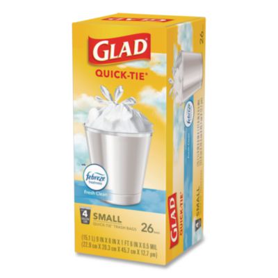 Glad OdorShield Quick-Tie Small Trash Bags, Tie-Flap, 4 gal, Febreze Fresh Clean Scent, 8 x 18, White, 26 Bags/Box, 6 Boxes/Carton (CLO78812) CLO78812