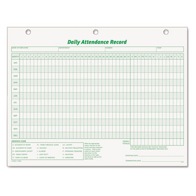 Daily Attendance Card, 8.5 x 11, 1/Page, 50 Forms TOP3284