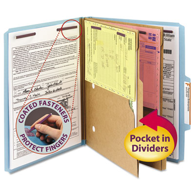 6-Section Pressboard Top Tab Pocket-Style Classification Folders with SafeSHIELD Fasteners, 2 Dividers, Letter, Blue, 10/Box SMD14081