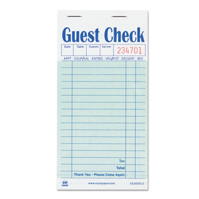 Guest Check Book, Two-Part Carbon, 3.5 x 6.7, 1/Page, 50/Book, 50 Books/Carton