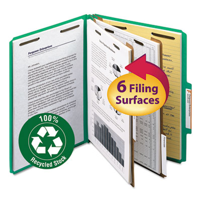 100% Recycled Pressboard Classification Folders, 2 Dividers, Letter Size, Green, 10/Box SMD14063