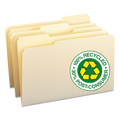 100% Recycled File Folders, 1/3 Cut, One-Ply Top Tab, Legal Size, Manila, 100/Box SMD15339