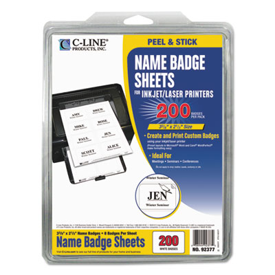 C-Line Laser Printer Name Badges, 3 3/8 X 2 1/3, White, 200/box (CLI92377) CLI92377