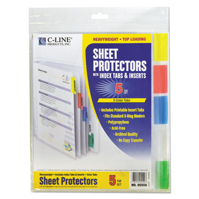 Sheet Protectors with Five Assorted Index Tabs, Heavy-Duty, Side: 3-Hole Punched, Top Load 8.5 x 11 Insert, Clear, 5/Set