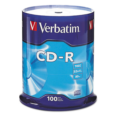 CD-R Recordable Disc, 700 MB/80 min, 52x, Spindle, Silver, 100/Pack VER94554