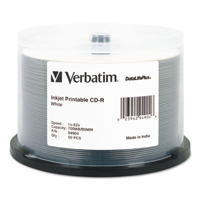 CD-R DataLife Plus Printable Recordable Disc, Printable, 700 MB/80 min, 52x, Spindle, White, 50/Pack VER94904