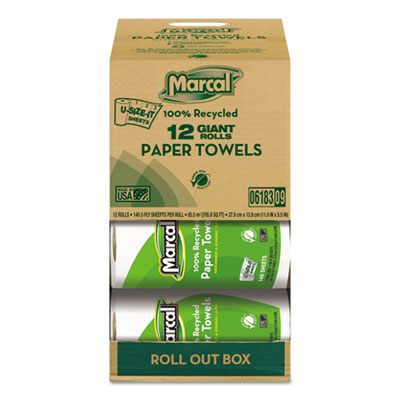 100% Premium Recycled Kitchen Roll Towels, Roll Out Box, 2-Ply, 11 x 5.5, White, 140 Sheets, 12 Rolls/Carton MRC6183