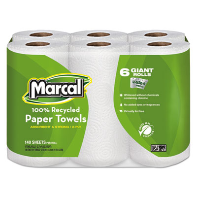 100% Premium Recycled Kitchen Roll Towels, 2-Ply, 11 x 5.5, White, 140/Roll, 6 Rolls/Pack MRC6181PK