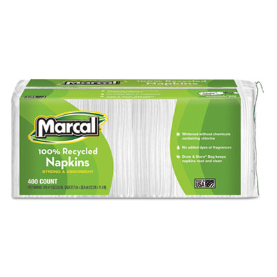 100% Recycled Lunch Napkins, 1-Ply, 11.4 x 12.5, White, 400/Pack MRC6506PK