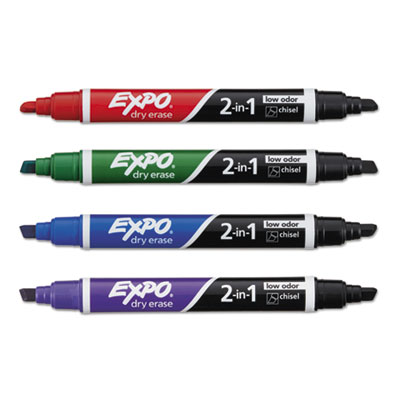 2-in-1 Dry Erase Markers, Fine/Broad Chisel Tips, Assorted Primary Colors, 4/Pack
