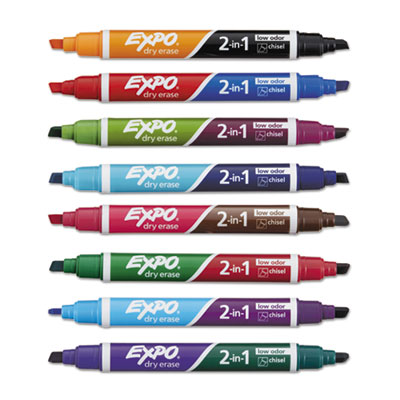 2-in-1 Dry Erase Markers, Fine/Broad Chisel Tips, Assorted Colors, 8/Pack