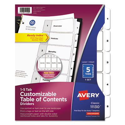 Customizable TOC Ready Index Black and White Dividers, 5-Tab, Letter AVE11130