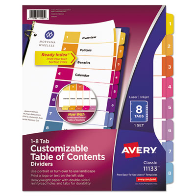 Customizable TOC Ready Index Multicolor Dividers, 8-Tab, Letter AVE11133