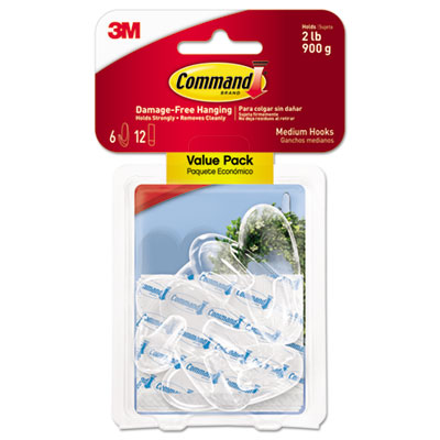 Clear Hooks and Strips, Plastic, Medium, 6 Hooks and 12 Strips/Pack MMM17091CLR6ES