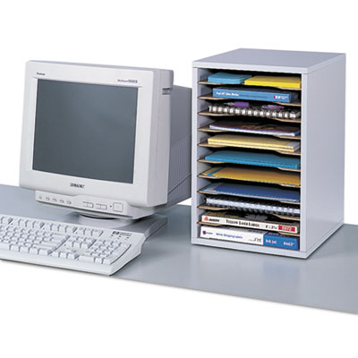 Wood Vertical Desktop Sorter, 11 Compartments, 10.63 x 11.88 x 16, Medium Oak