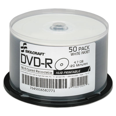 7045016582771, SKILCRAFT Inkjet Printable DVD-R, 4.7 GB, 16x, Spindle, White, 50/Pack NSN6582771
