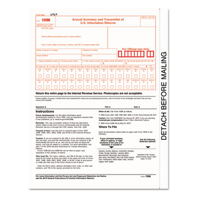 1096 Summary Transmittal Tax Forms, 8 x 11, Inkjet/Laser, 50 Forms TOP22023