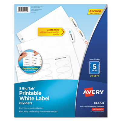 Big Tab Printable White Label Tab Dividers, 5-Tab, Letter, 20 per pack