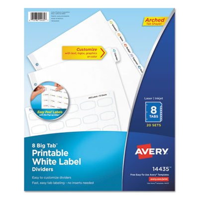 Big Tab Printable White Label Tab Dividers, 8-Tab, Letter, 20 per pack