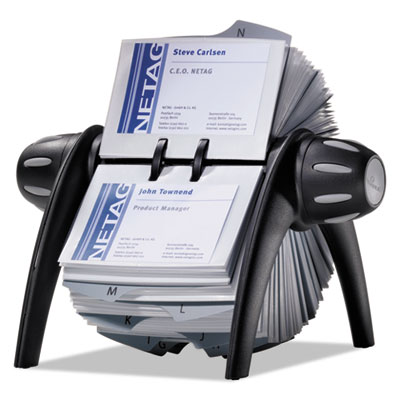 VISIFIX Flip Rotary Business Card File, Holds 400 2.88 x 4.13 Cards, 8.75 x 7.13 x 8.06, Plastic, Black/Silver