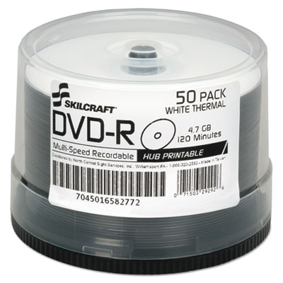 7045016582772, SKILCRAFT Laser Printable DVD-R, 4.7 GB, 16x, Spindle, White, 50/Pack NSN6582772