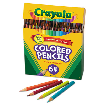 Crayola Short Colored Pencils Hinged Top Box with Built-in Pencil Sharpener, 3.3 mm, 2B, Assorted Lead and Barrel Colors, 64/Pack (CYO683364) CYO683364