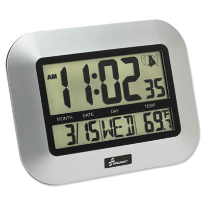 6645016611877 SKILCRAFT LCD Digital Radio-Controlled Clock, 7.25" x 9.75", Silver Case, 2 AAA (sold separately) NSN6611877