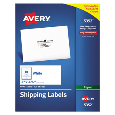 Copier Mailing Labels, Copiers, 2 x 4.25, White, 10/Sheet, 100 Sheets/Box AVE5352
