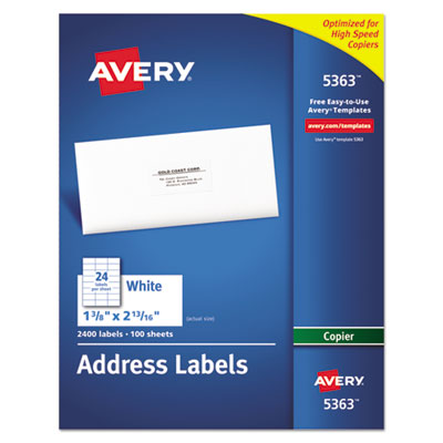 Copier Mailing Labels, Copiers, 1.38 x 2.81, White, 24/Sheet, 100 Sheets/Box AVE5363
