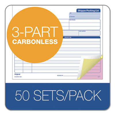 Triplicate Snap-Off Shipper/Packing List, Three-Part Carbonless, 8.5 x 7, 50 Forms Total