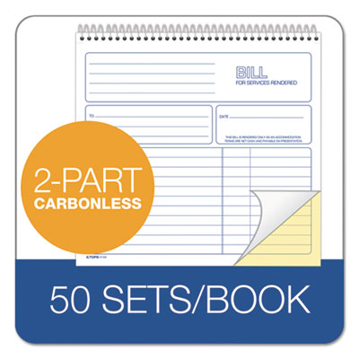 Bill for Services Rendered Book, Two-Part Carbonless, 8.5 x 7.75, 50 Forms Total