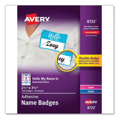 Flexible Adhesive Name Badge Labels, "Hello", 3 3/8 x 2 1/3, Assorted, 120/PK AVE8722