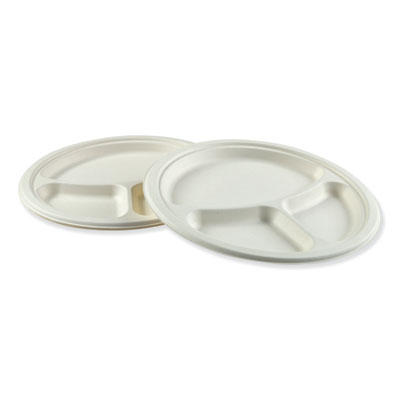 Bagasse Dinnerware, 3-Compartment Plate, 10" dia, White, 500/Carton BWKPLATEWF3CM10