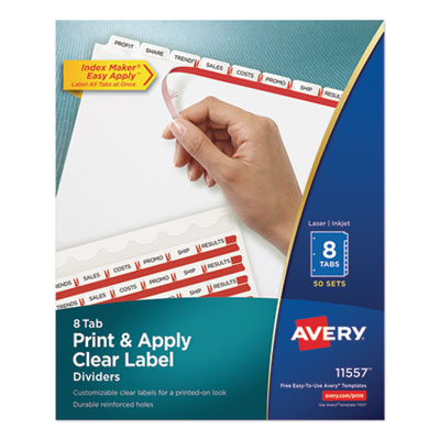 Print and Apply Index Maker Clear Label Dividers, 8-Tab, 11 x 8.5, White, 50 Sets AVE11557