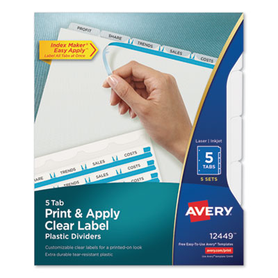 Print and Apply Index Maker Clear Label Plastic Dividers with Printable Label Strip, 5-Tab, 11 x 8.5, Translucent, 5 Sets